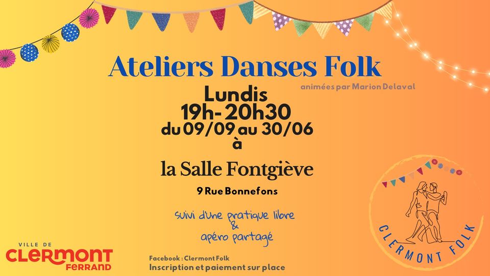 Banière réseau sociaux avec le grand titre : "Ateliers danses folks" et les les détails